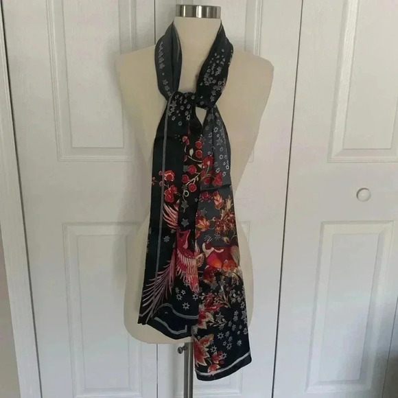 Nanette Lepore 100% silk scarf, dark gray with floral and bird print - Picture 5 of 8